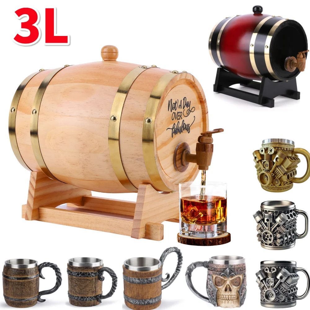 Wine Beer Cocktail - ถังไม้สำหรับวิสกี้ขนาด 3 ลิตร พร้อมขาตั้ง ฝาปิด และก๊อก