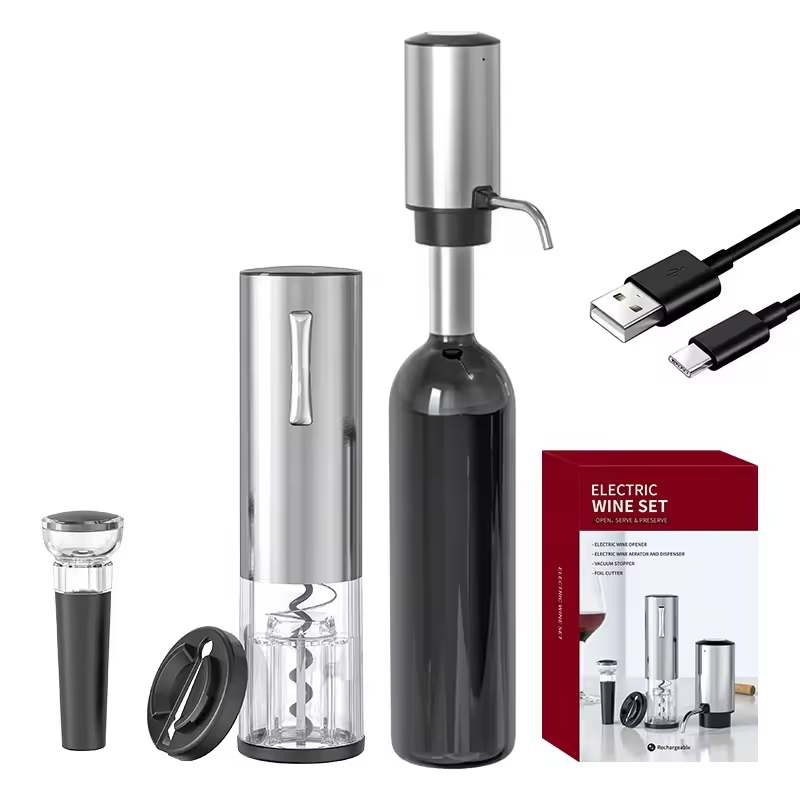 Bottle Stopper Set - 2024 ออกแบบใหม่ 4-in-1 แบตเตอรี่ลิเธียมไฟฟ้าขวดที่เปิดไวน์ชุด,Wine Aerator Pourer,เครื่องตัดฟอยล์,ไวน์