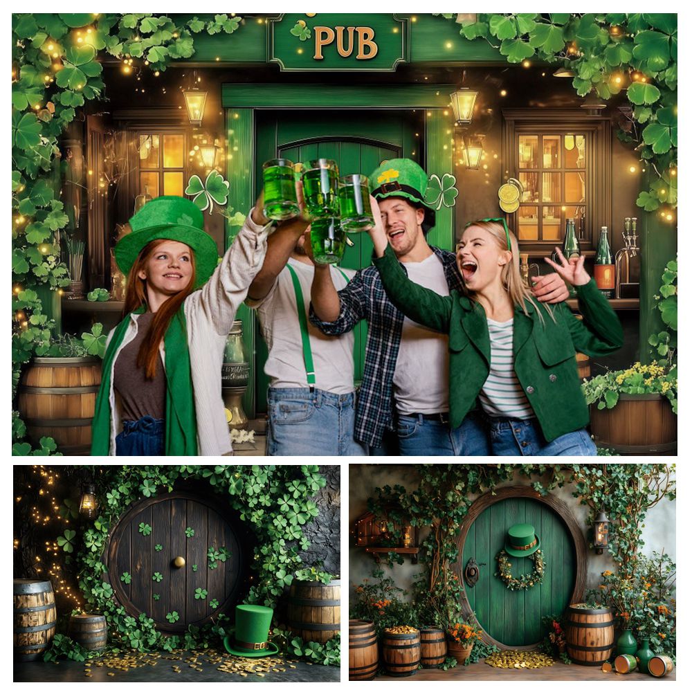 Beer And Wine Festival - แบนเนอร์ฉากหลังวันเซนต์แพทริก ลายโคลเวอร์สีเขียว ผับ ถังไวน์ เบียร์ ประตูไม้
